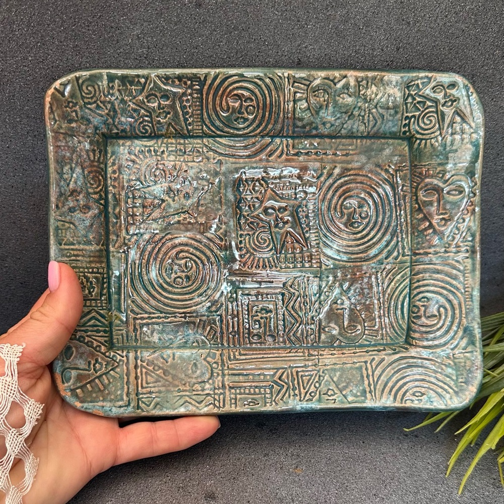 Intricate Teal Ceramic Art Tray
